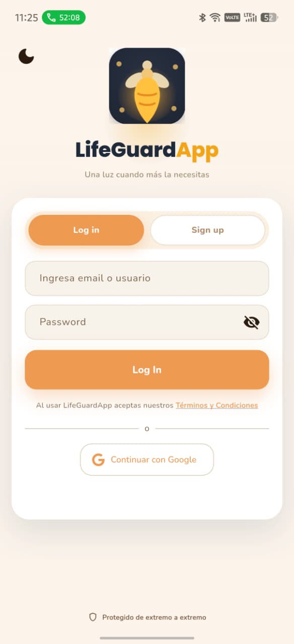 Pantalla de acceso de LifeGuardApp con inicio de sesión, registro y opción de continuar con Google