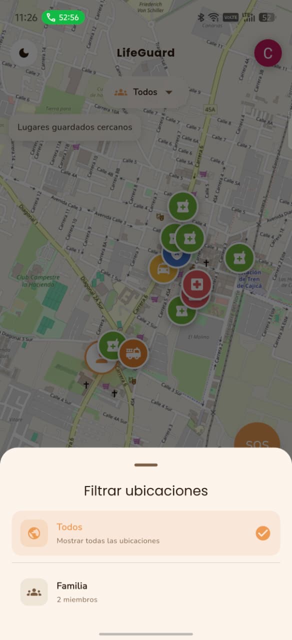 Hoja de filtros de LifeGuardApp para mostrar todas las ubicaciones o solo las de un círculo de confianza
