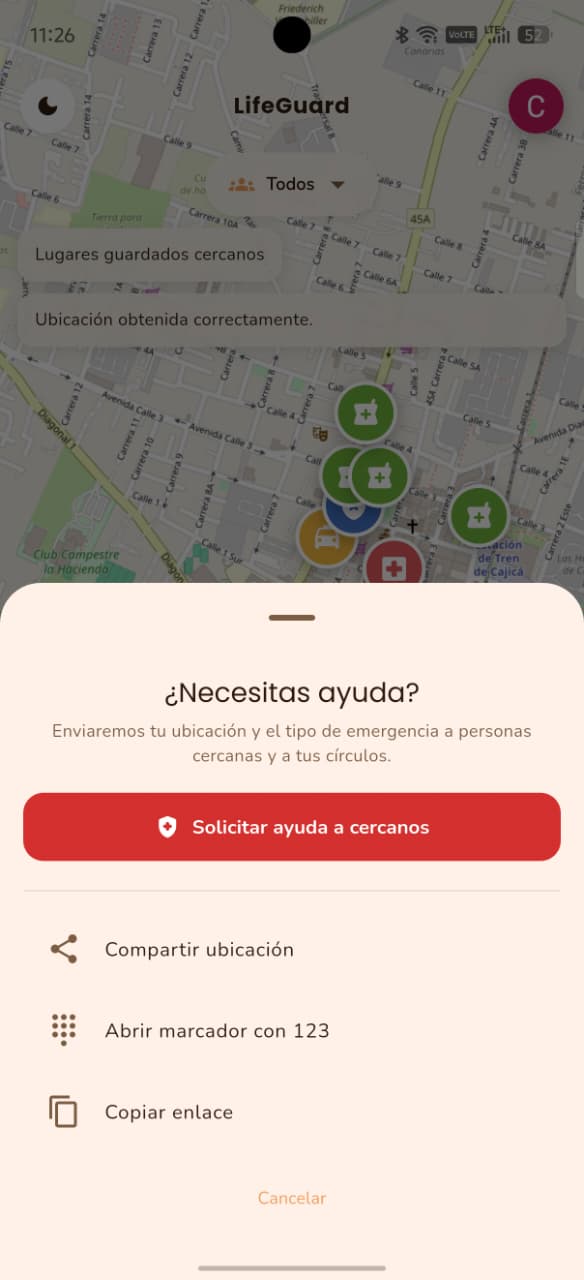Hoja de ayuda de LifeGuardApp con el botón para solicitar ayuda a cercanos, compartir ubicación y marcar al 123